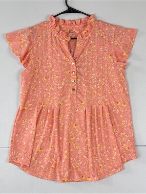 Kim Rogers Henley Top Womens‎ M Medium Yellow Orange Floral Ruffle V Neck
